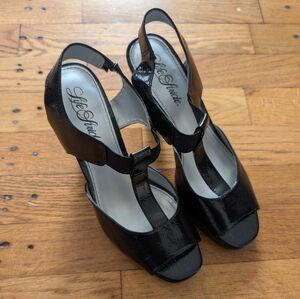 Life Stride Patent Leather Black T-Strap Heels